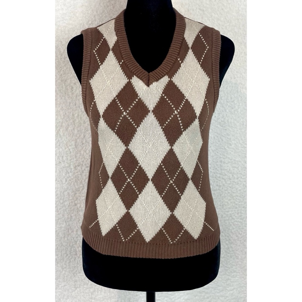 Brown/Grey Argyle Pullover Knit V-Neck Cropped Sweater Vest, S